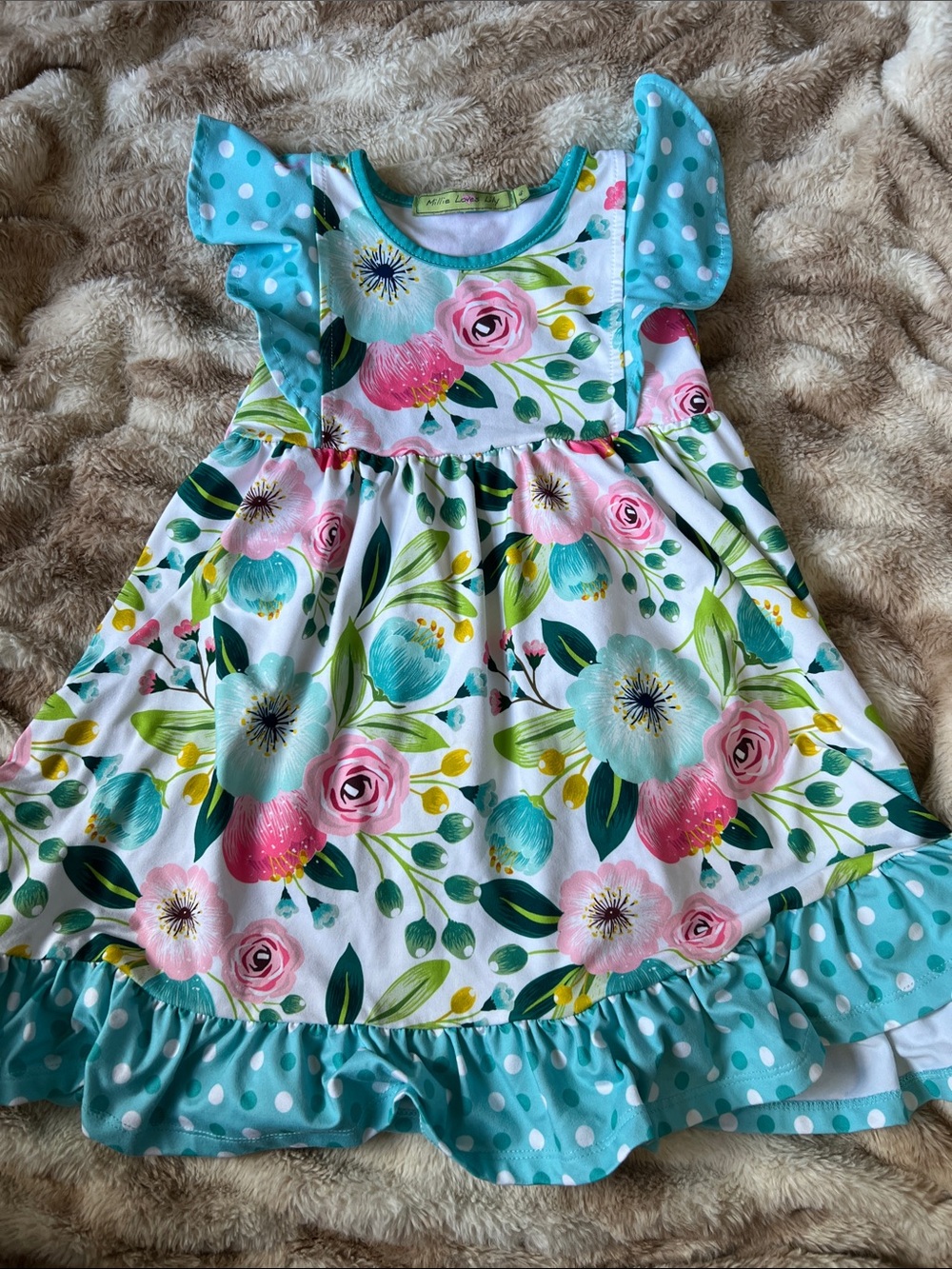 Girls Floral Ruffle Dress in Teal and Pink